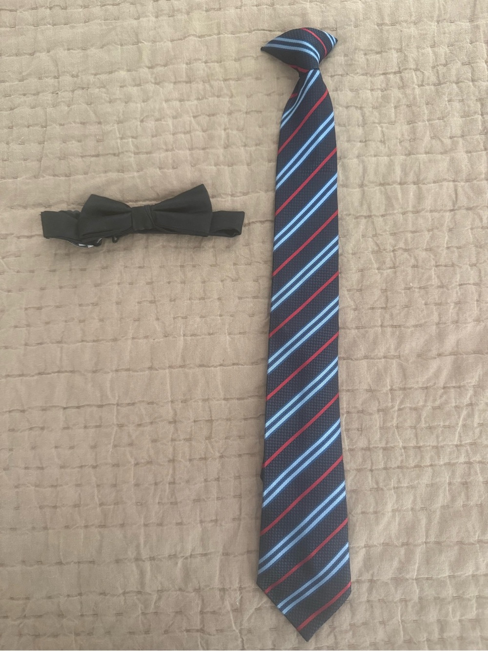 Boys Striped Blue & Red Neck Tie and Black Bow Tie